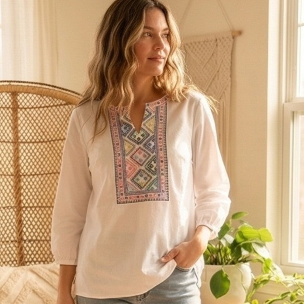 Talbots M White Cotton Embroidered Beaded Boho Tunic Top Women Medium
